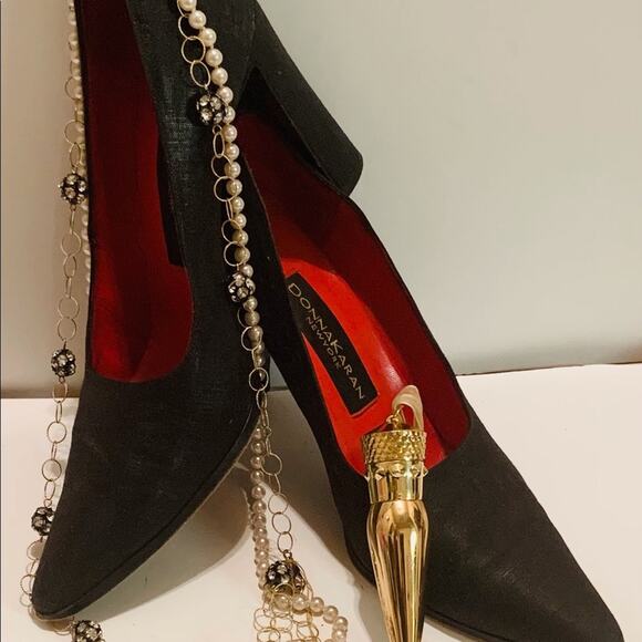 🪀DONNA KARAN NEW YORK BLACK LINEN 3 3/4” VAMP HEELS - Picture 10 of 10